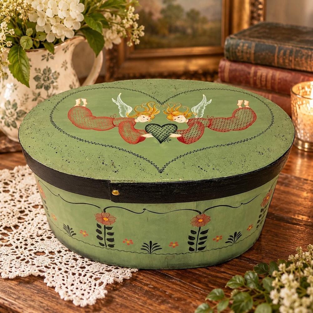 Vintage 1992 Hand-Painted Folk Art Angel Oval Storage Box 15"